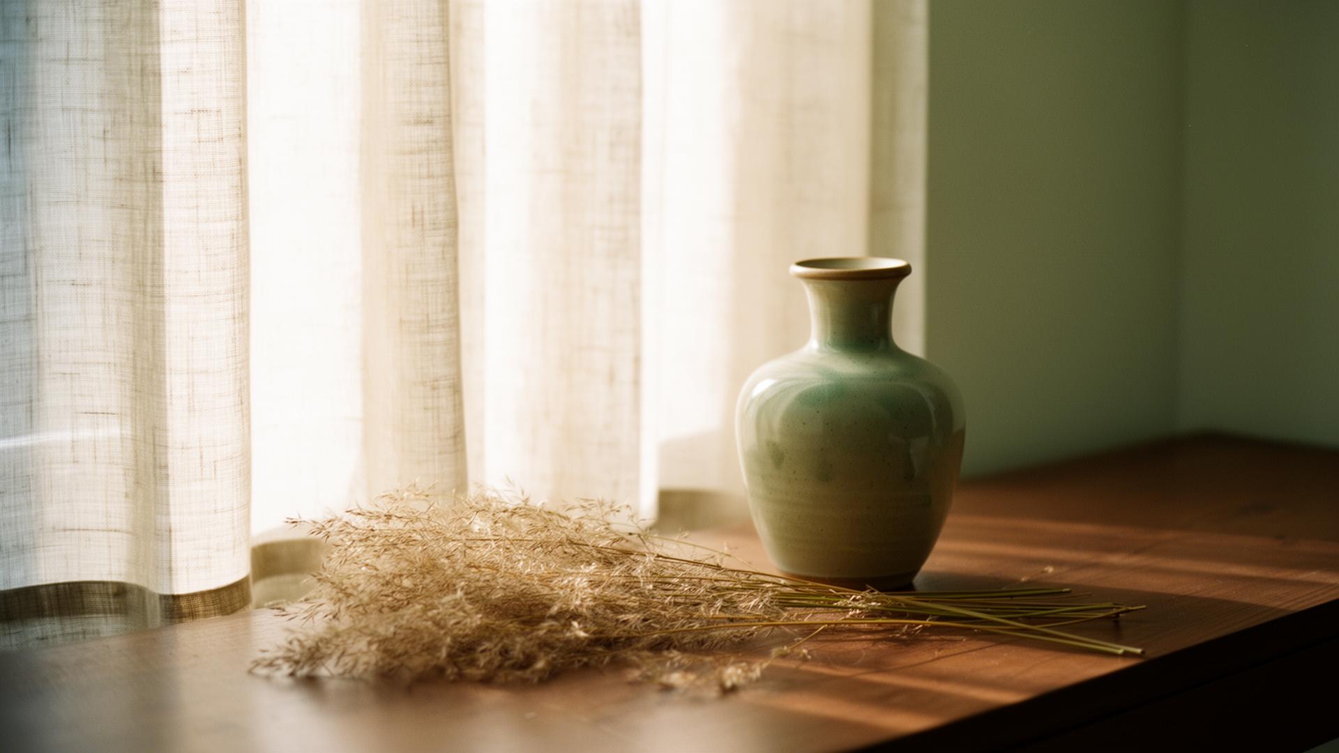 A quiet morning still life — sheer linen, dried grasses and a sage ceramic vase